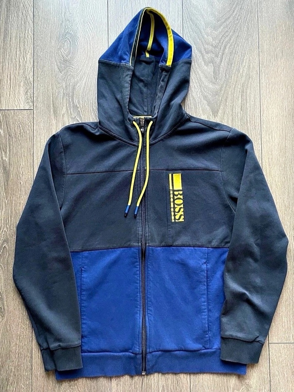 BOSS Color Block Zip Hoodie in Blue & Black Size Medium